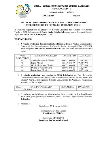 EDITAL DO PROCESSO DE ESCOLHA UNIFICADO DOS MEMBROS SUPLEMENTARES DO CONSELHO TUTELAR Nº 05/2024