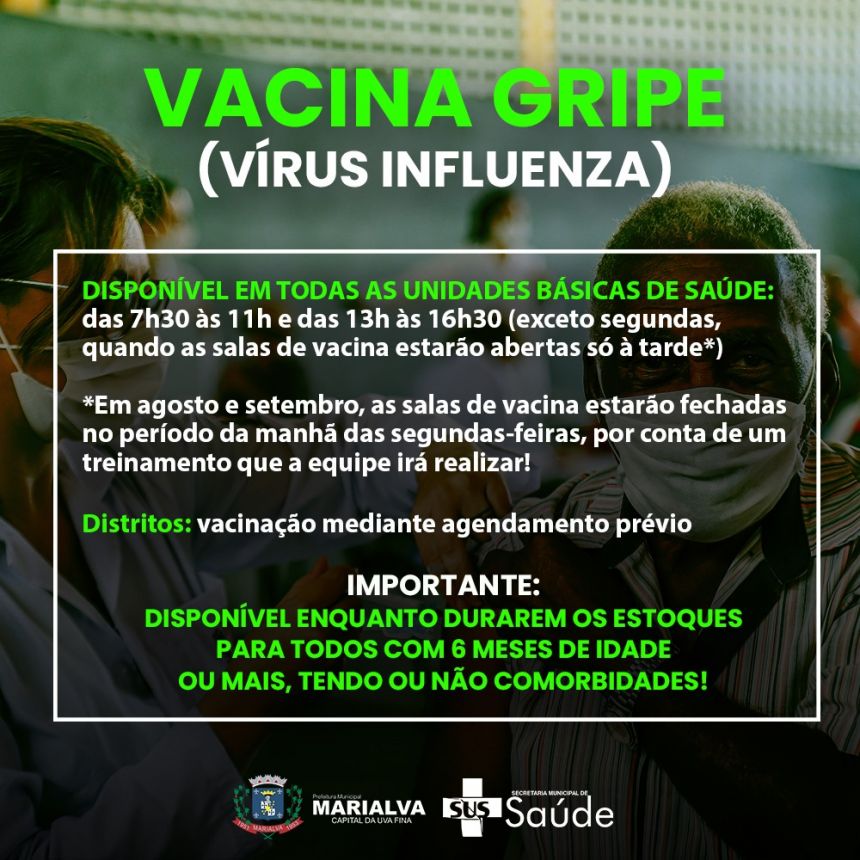 Campanha Nacional de Vacinação contra a Influenza (gripe comum) está sendo realizada em todas as Unidades Básicas de Saúde de Marialva