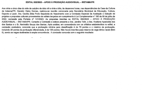 Ata de resultado de avaliação de mérito - Edital 001/20233 e Edital nº 003/2023