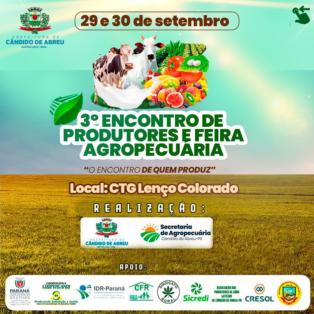 Terceiro Encontro de Produtores e Feira Agropecuária, dia 30 de setembro. Arraste ao lado e confira o cronograma.