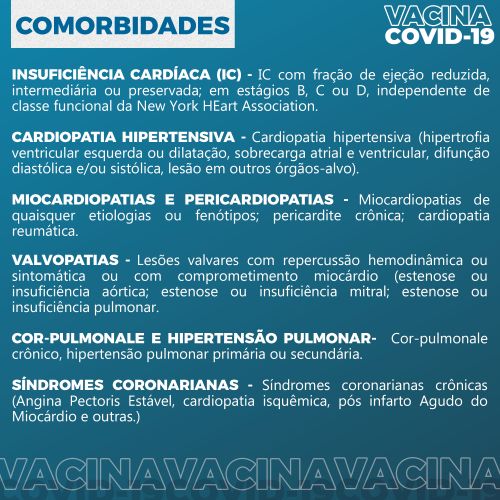 PESSOAS COM 55 A 59 ANOS E QUE POSSUEM ALGUM TIPO DE COMORBIDADE PODERÃO SER IMUNIZADAS.