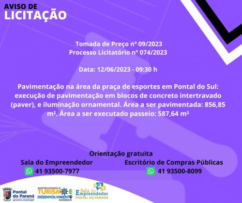 AVISO DE LICITAÇÃO - PAVIMENTAÇÃO NA PRAÇA DE ESPORTES DE PONTAL DO SUL