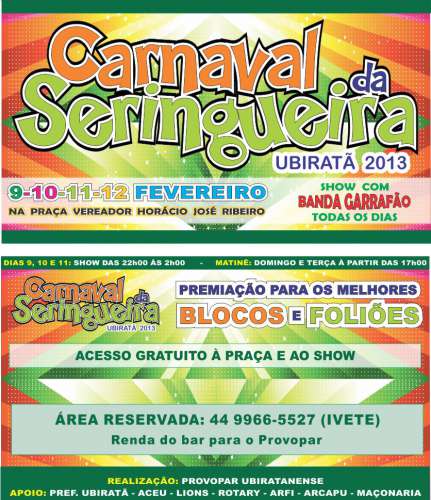Panfleto do Carnaval da Seringueira ser distribudo em Ubirat